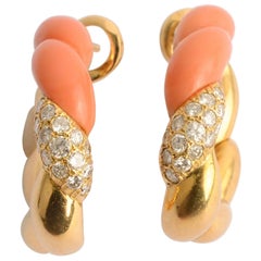Coral and Diamond Gold Hoop Earrings