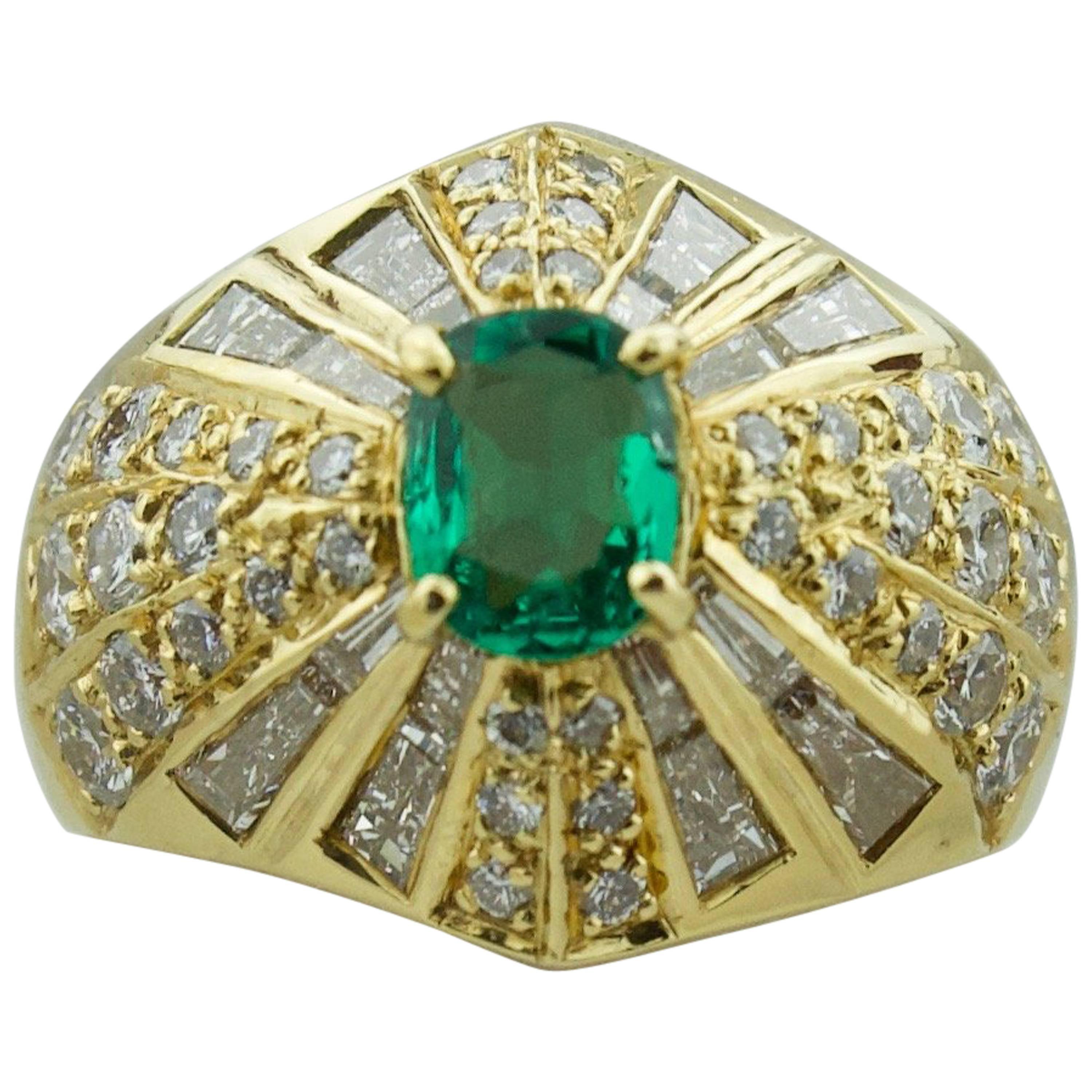 Emerald and Diamond Terrell and Zimmelman 18 Karat Yellow Gold Ring For Sale