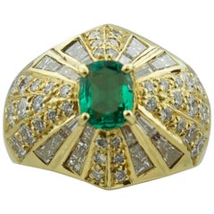 Retro Emerald and Diamond Terrell and Zimmelman 18 Karat Yellow Gold Ring