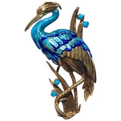 Vintage Blue Enamel and Turquoise Crane Gold Pin