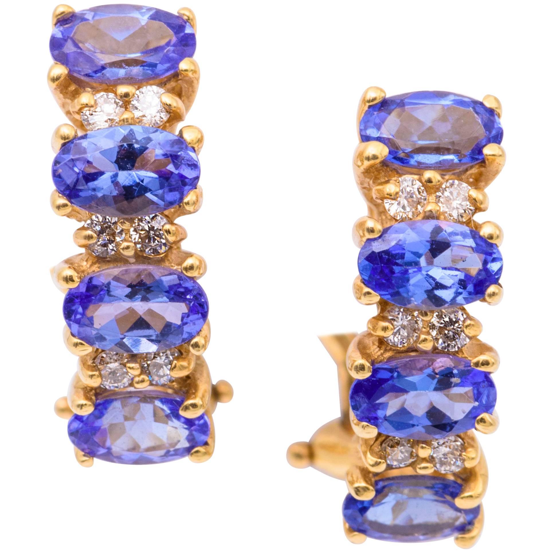 Oval Cut Tanzanite and Diamond Huggies Earrings 14K