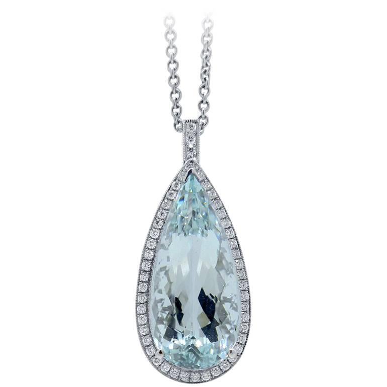 Pear Cut Aquamarine and Diamond Pendant For Sale