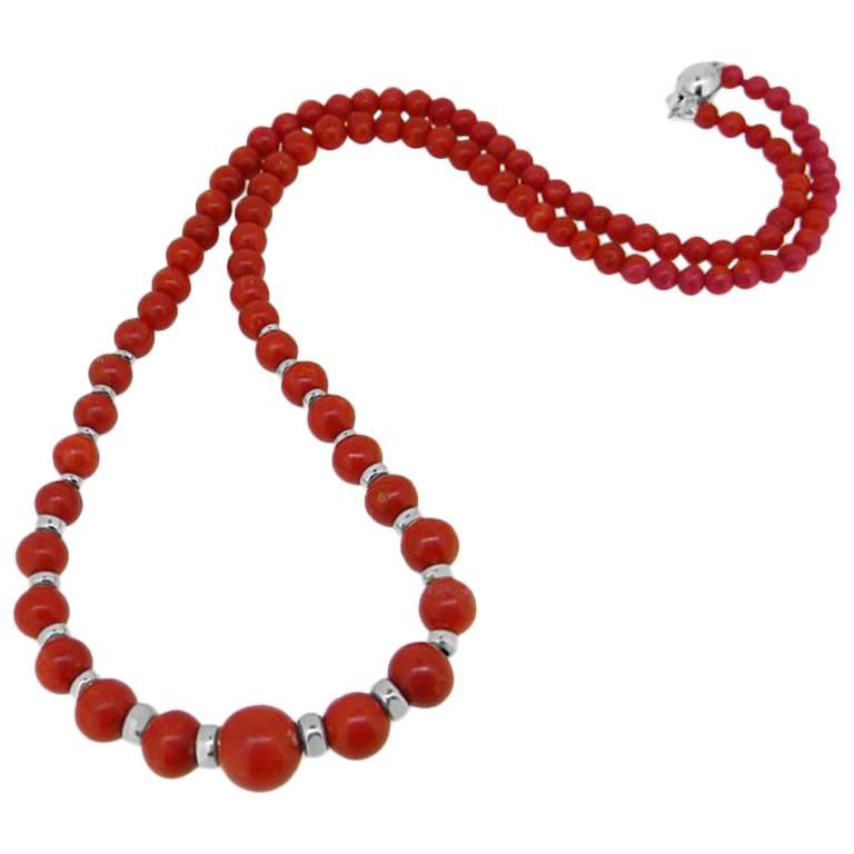 Vintage Red Coral and White Gold Bead Necklace For Sale