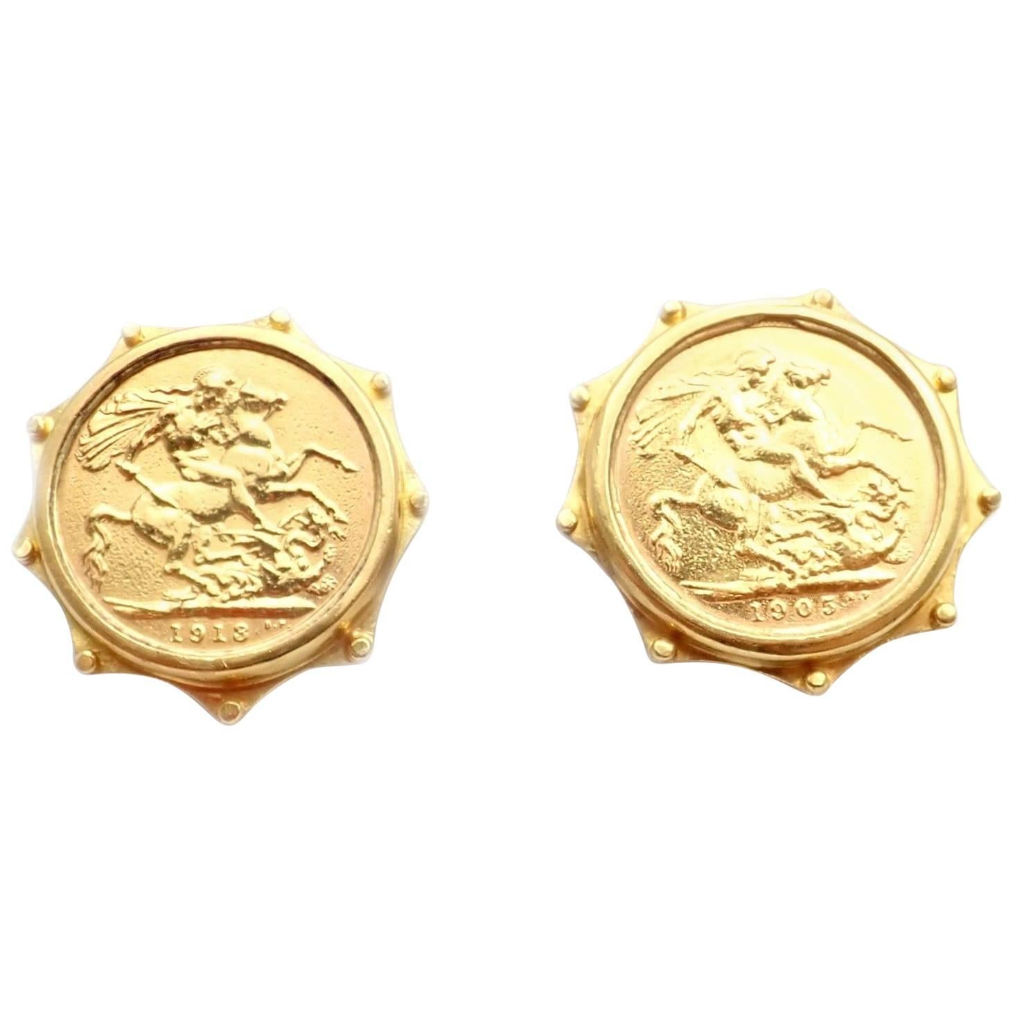 Vintage Estate EL British Sovereign Coin Yellow Gold Large Earrings