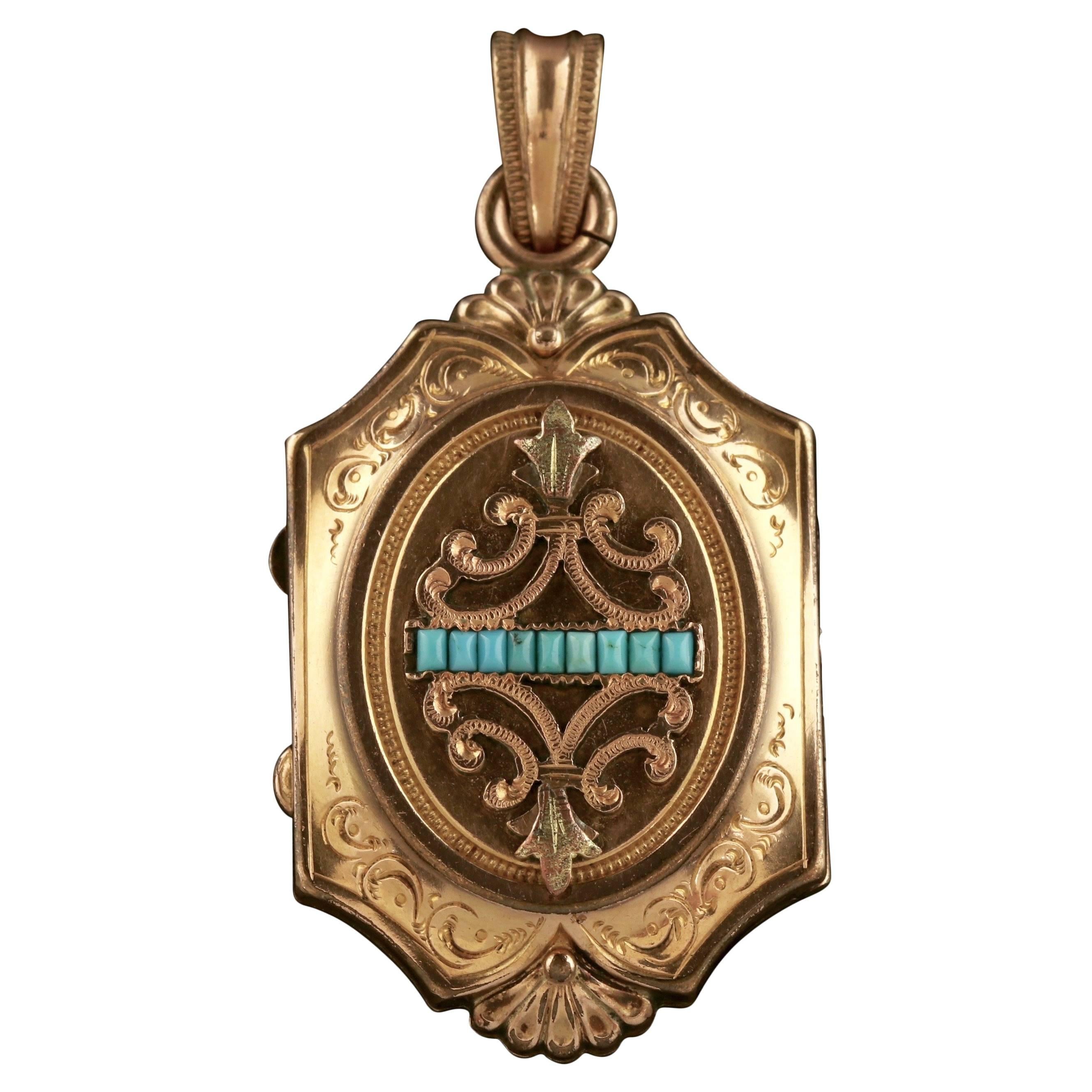 Antique Victorian Turquoise Locket Gold Gilt, circa 1890 For Sale