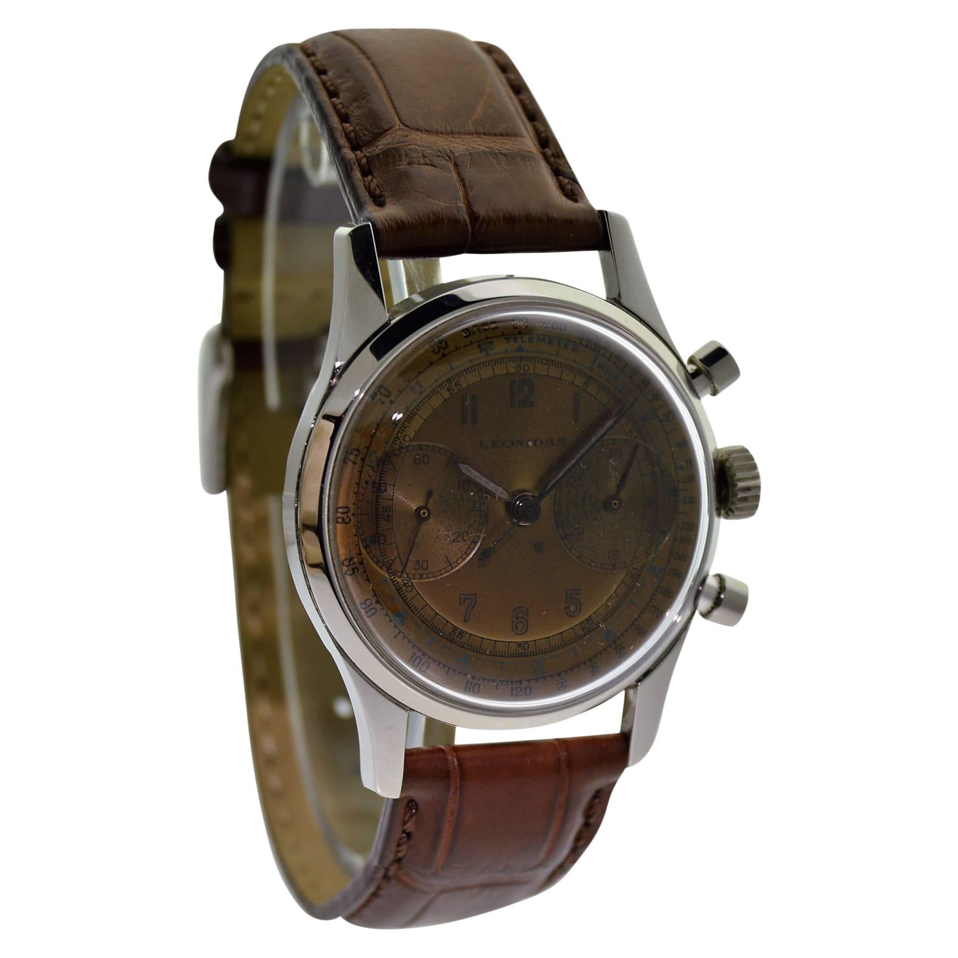 Leonidas Stainless Steel Chronograph Original Rose Gold Dial Manual Wristwatch