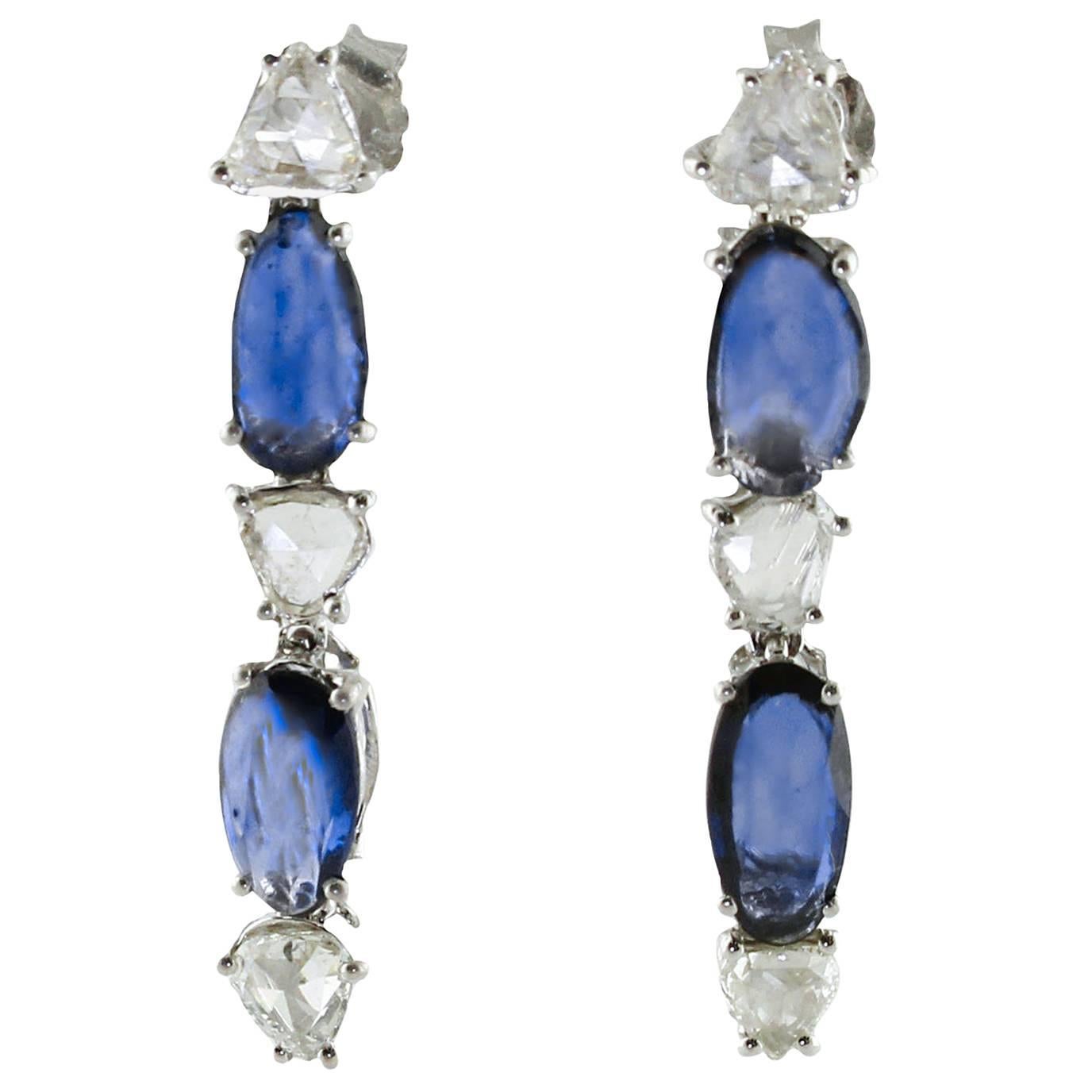  Sapphires Diamonds White Gold Dangling Earrings For Sale