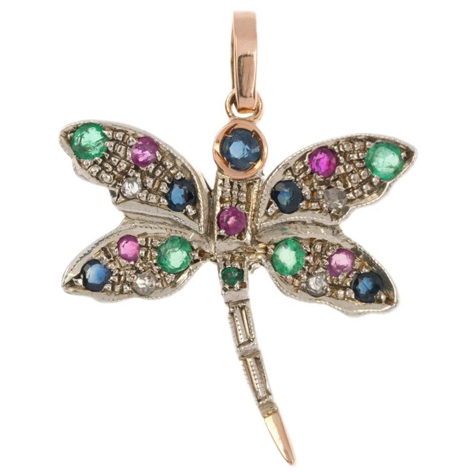 Handcrafted Italian Rose Gold Ruby Emerald and Sapphire Dragonfly Pendant