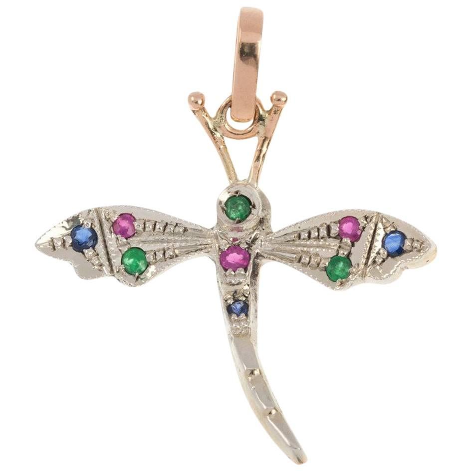 Handcrafted Italian Rose Gold Ruby Emerald and Sapphire Dragonfly Pendant For Sale