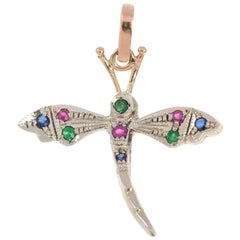 Handcrafted Italian Rose Gold Ruby Emerald and Sapphire Dragonfly Pendant
