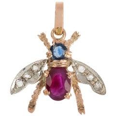 Antique Handcrafted Italian 0.50 Carat Ruby, Sapphire & Diamond Bee Pendant