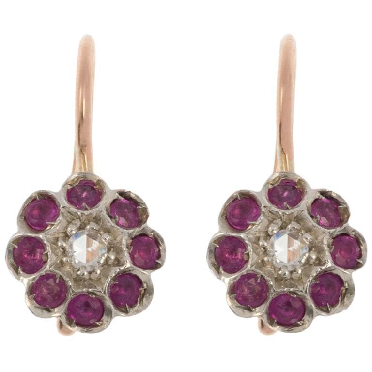 Handcrafted Italian Diamond and Ruby Floral Drop Earrings