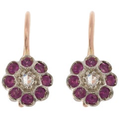 Antique Handcrafted Italian Diamond and Ruby Floral Drop Earrings