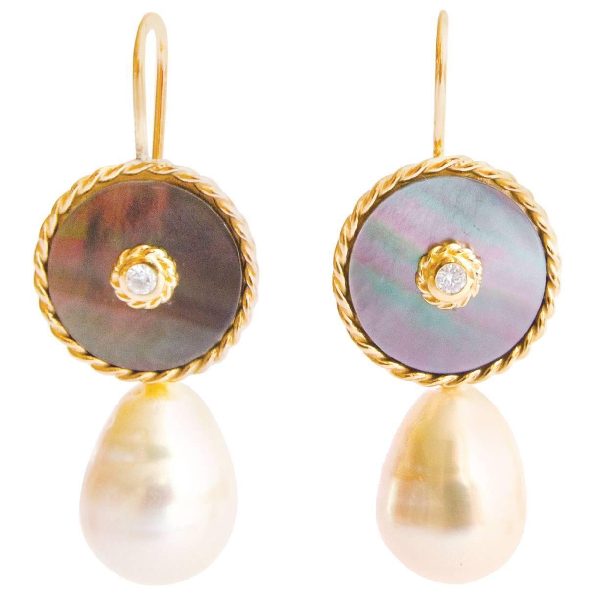 Gold Diamond South Sea Pearl Dangle Earring Interchangeable For Sale