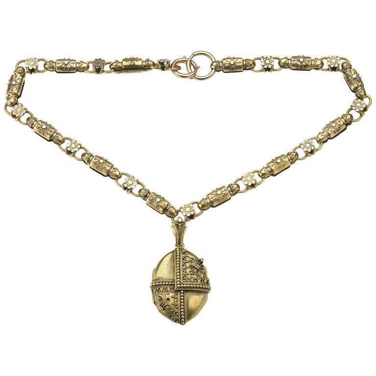 Victorian, Etruscan Revival, Gold Necklace and Locket For Sale