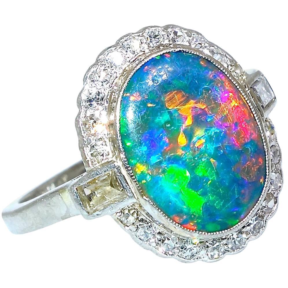 Platinum, Diamond and Lightening Ridge Black Opal Art Deco Ring