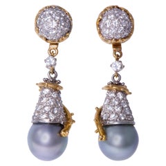 Charles de Temple, London, 1970s, Pearl, Diamond and Gold Day/Night Earrings
