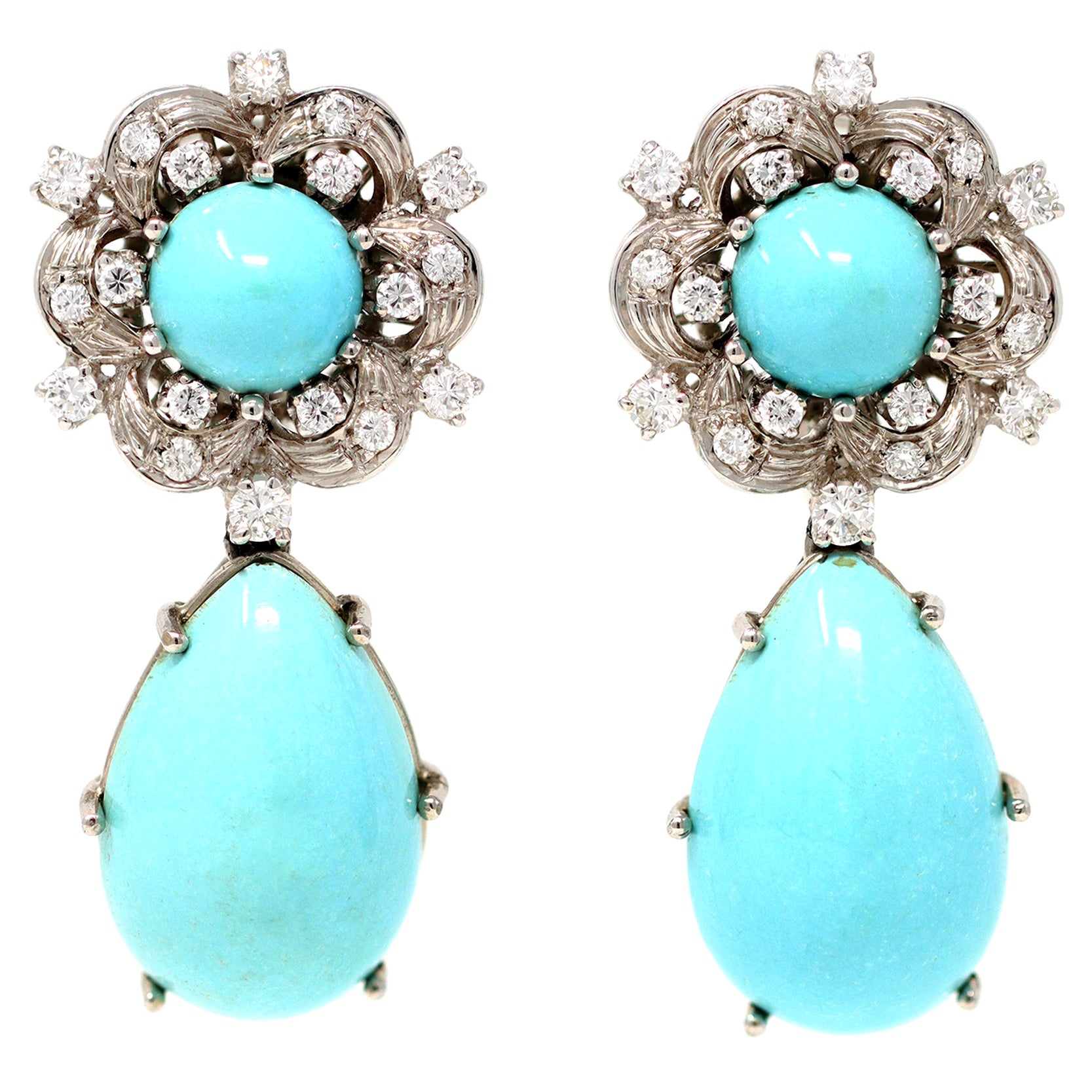 Natural Turquoise and Diamond Pendant Clip-On Earrings in 18K