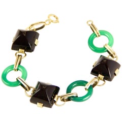 Antique 14 Karat Chrysoprase and Onyx Art Deco Bracelet