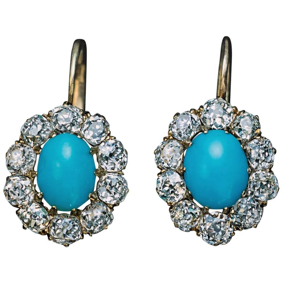 Antique Turquoise Diamond Gold Cluster Earrings