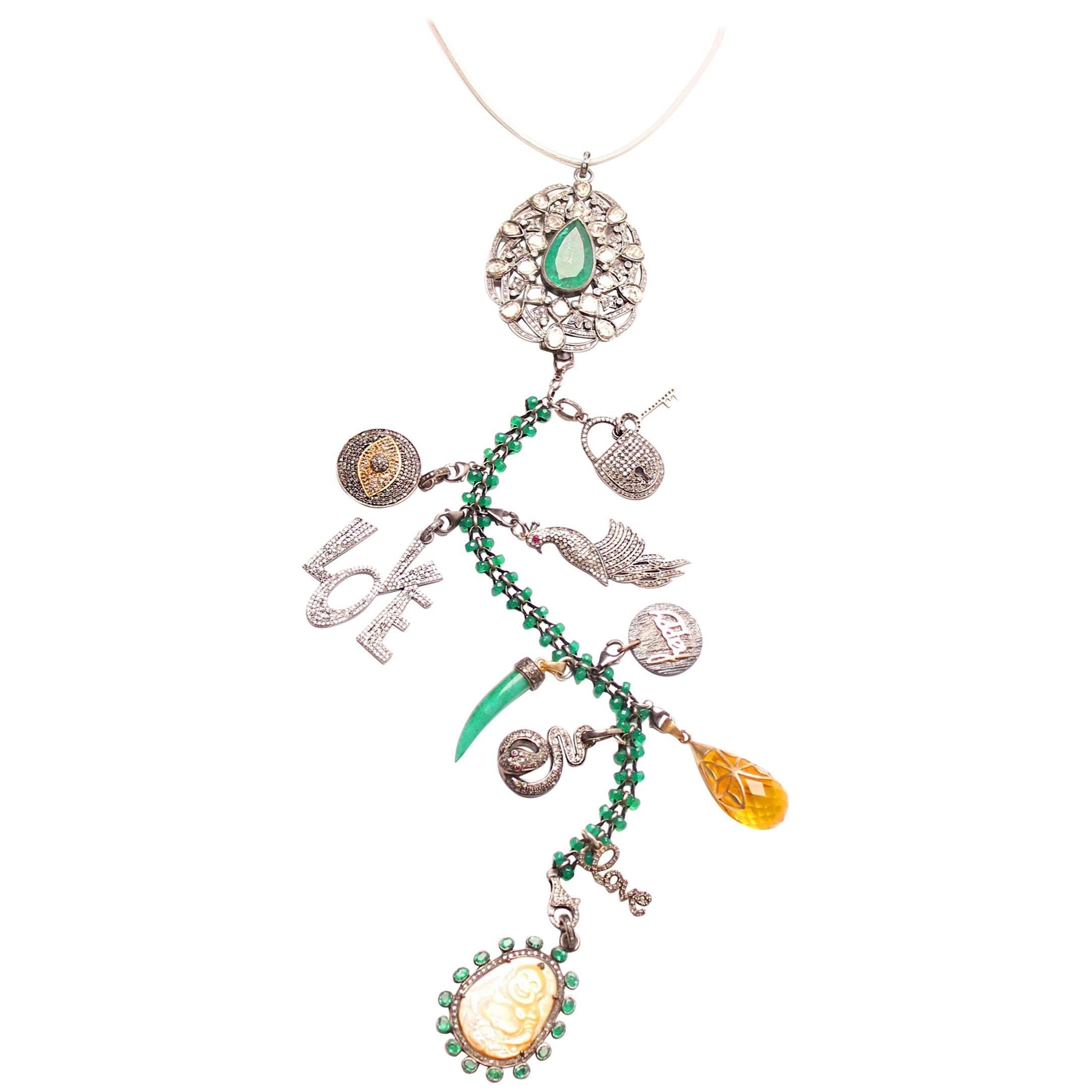 Clarissa Bronfman Emerald, Diamond, Silver, Gold 'Divina' Symbol Tree Necklace