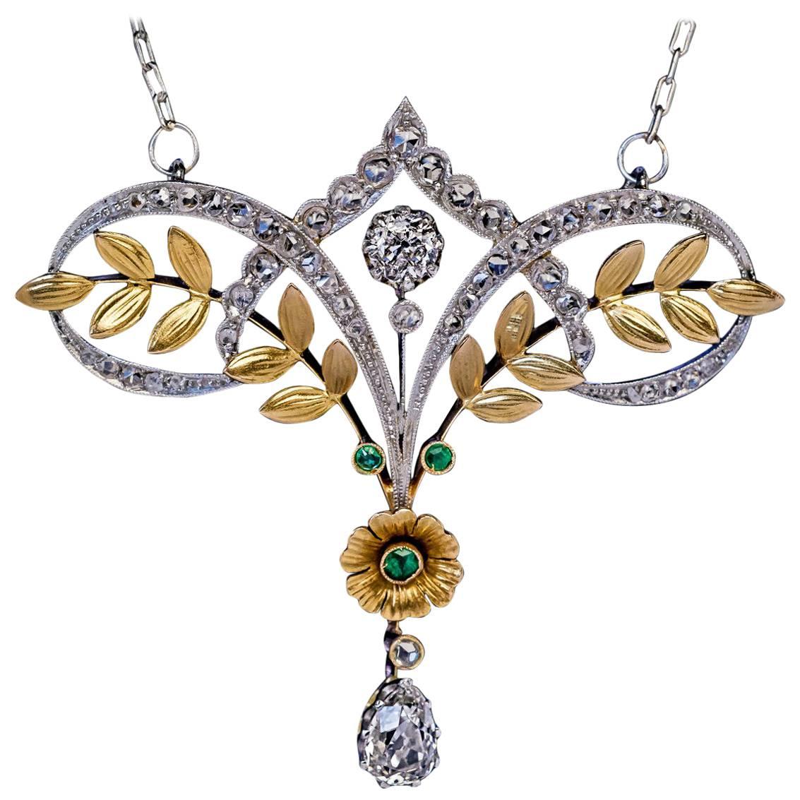 Belle Époque Antique Diamond Emerald Platinum Gold Necklace