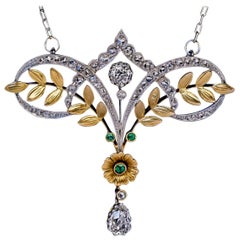 Belle Époque Antique Diamond Emerald Platinum Gold Necklace