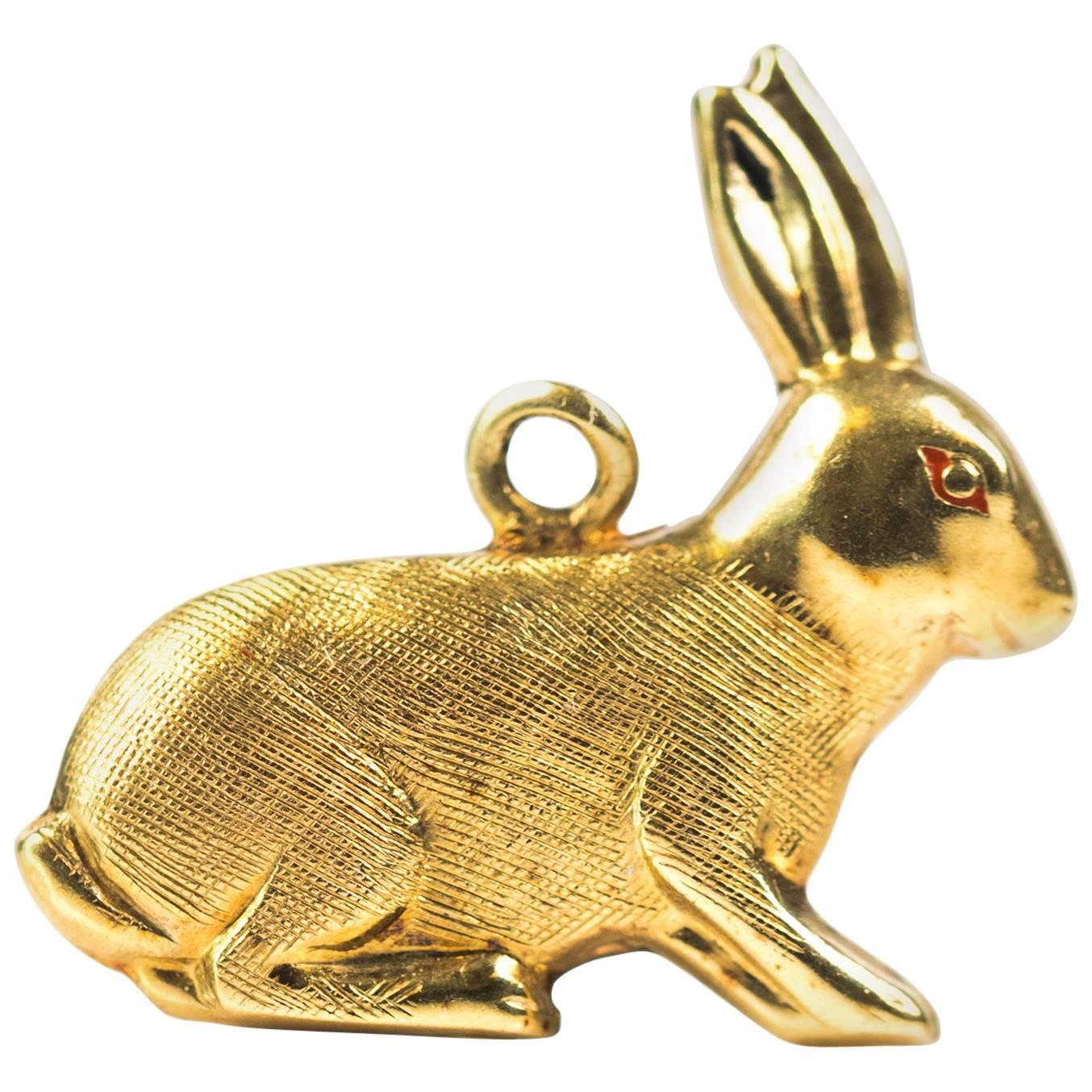 1950s Bunny Rabbit Charm Pendant, 14 Karat Yellow Gold