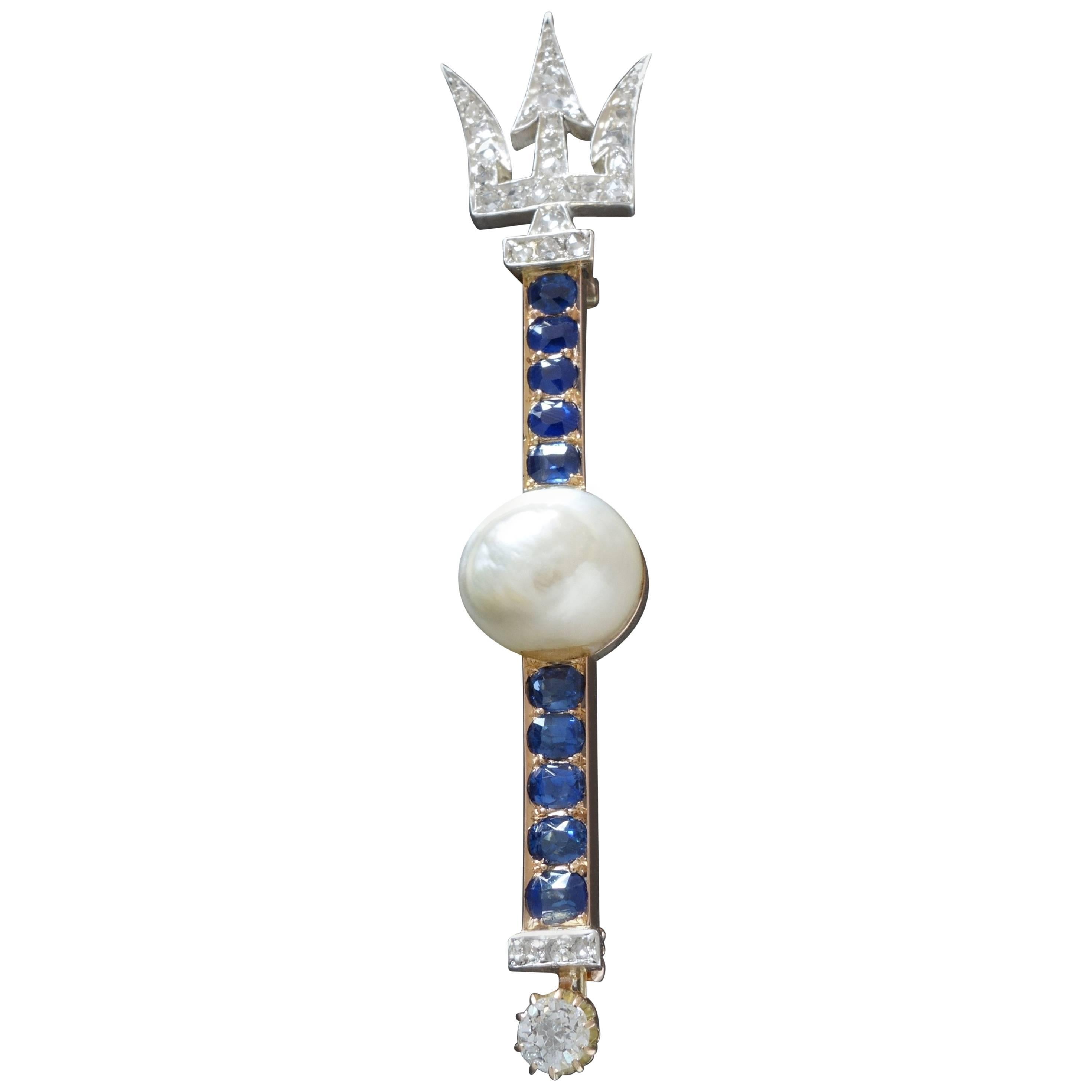 Late Edwardian Diamond Blue Sapphire Natural Blister Pearl Trident Brooch For Sale