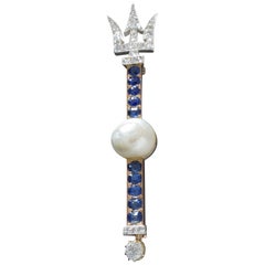 Late Edwardian Diamond Blue Sapphire Natural Blister Pearl Trident Brooch