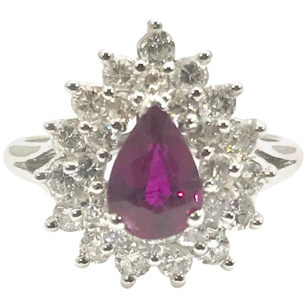 Pear Shape Natural Ruby and Round Brilliant Diamond White Gold Ring