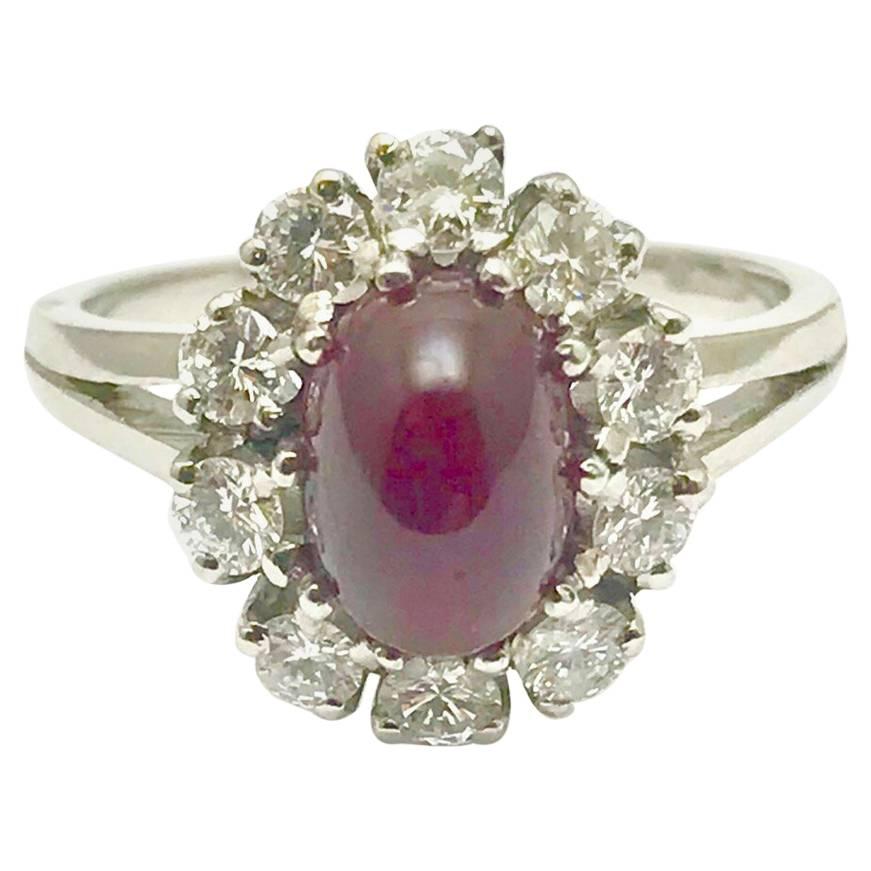 Cabochon Natural Ruby and Round Brilliant Diamond White Gold Ring