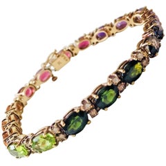 14 Karat Retro Gold Diamond Gemstone Touraline Tennis Line Bracelet