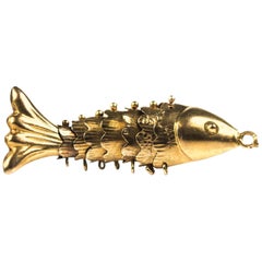 1940s Articulated Koi Fish Charm Pendant, 14 Karat Yellow Gold