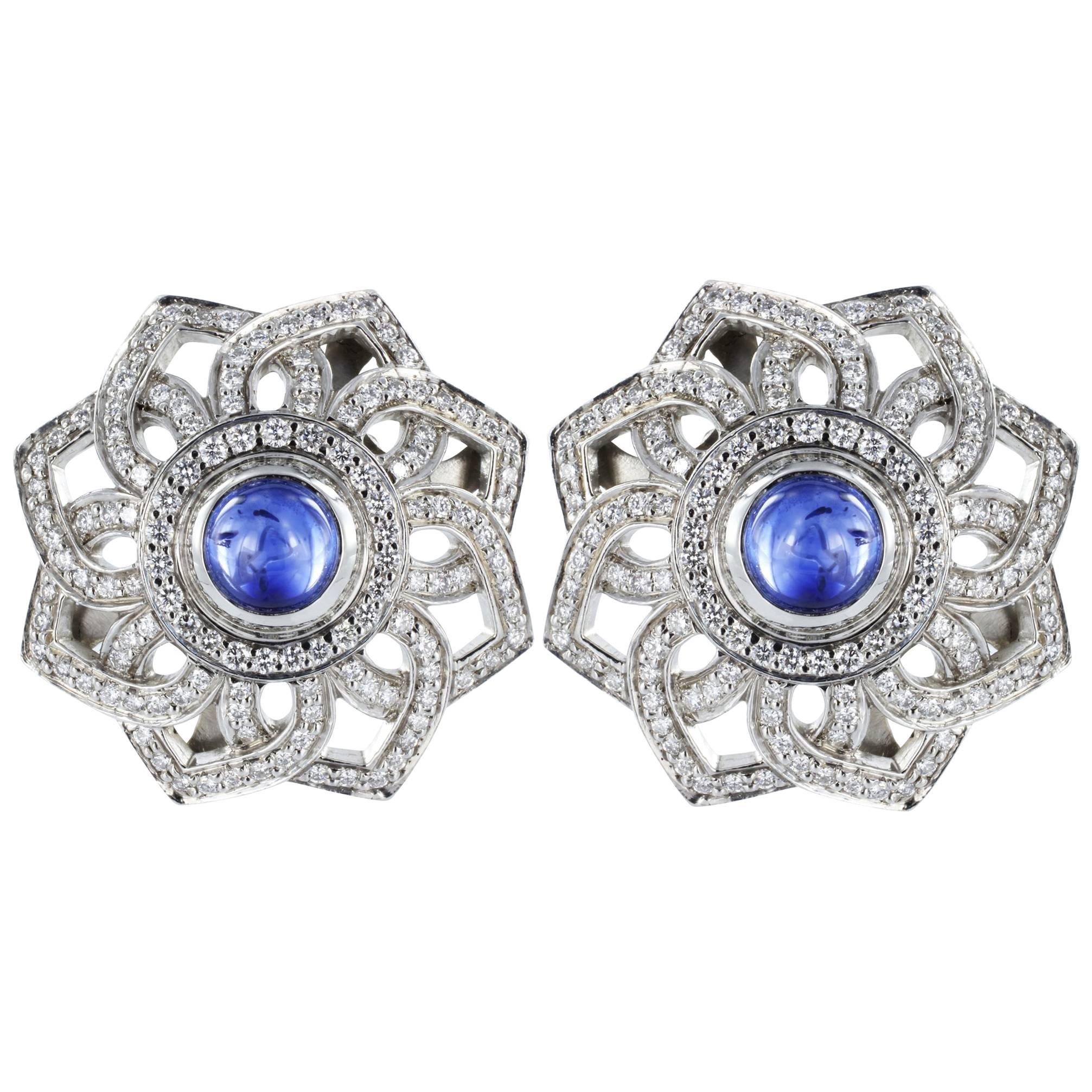 Platinum Cabochon Sapphire and Diamond Clip Earrings For Sale