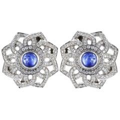 Platinum Cabochon Sapphire and Diamond Clip Earrings