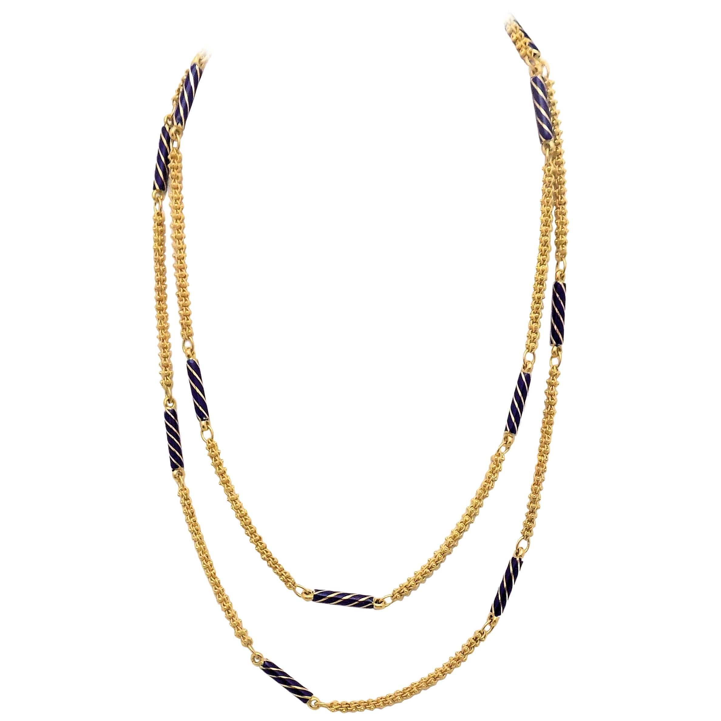 Enamel and 18 Karat Yellow Gold Etruscan Link Necklace For Sale