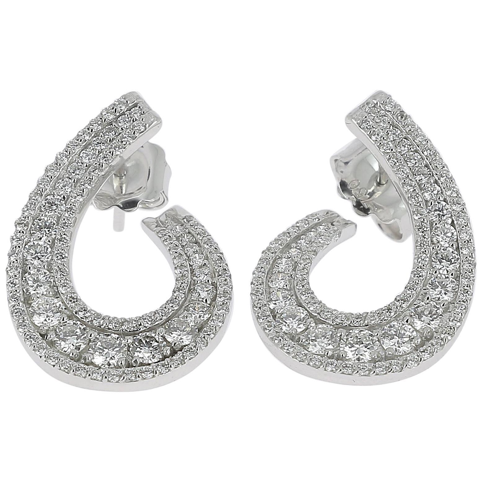  1.97 carats GVS Round Diamonds Swirl Earring 18K White Gold Stud Earrings