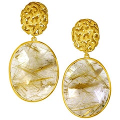 Alex Soldier Rutilated Quartz Yellow Gold Textured Drop Earrings One of a Kind