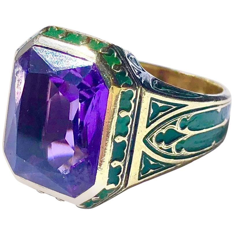 Vintage Amethyst and Cathedral Window Design Green Enamel Gold Ring