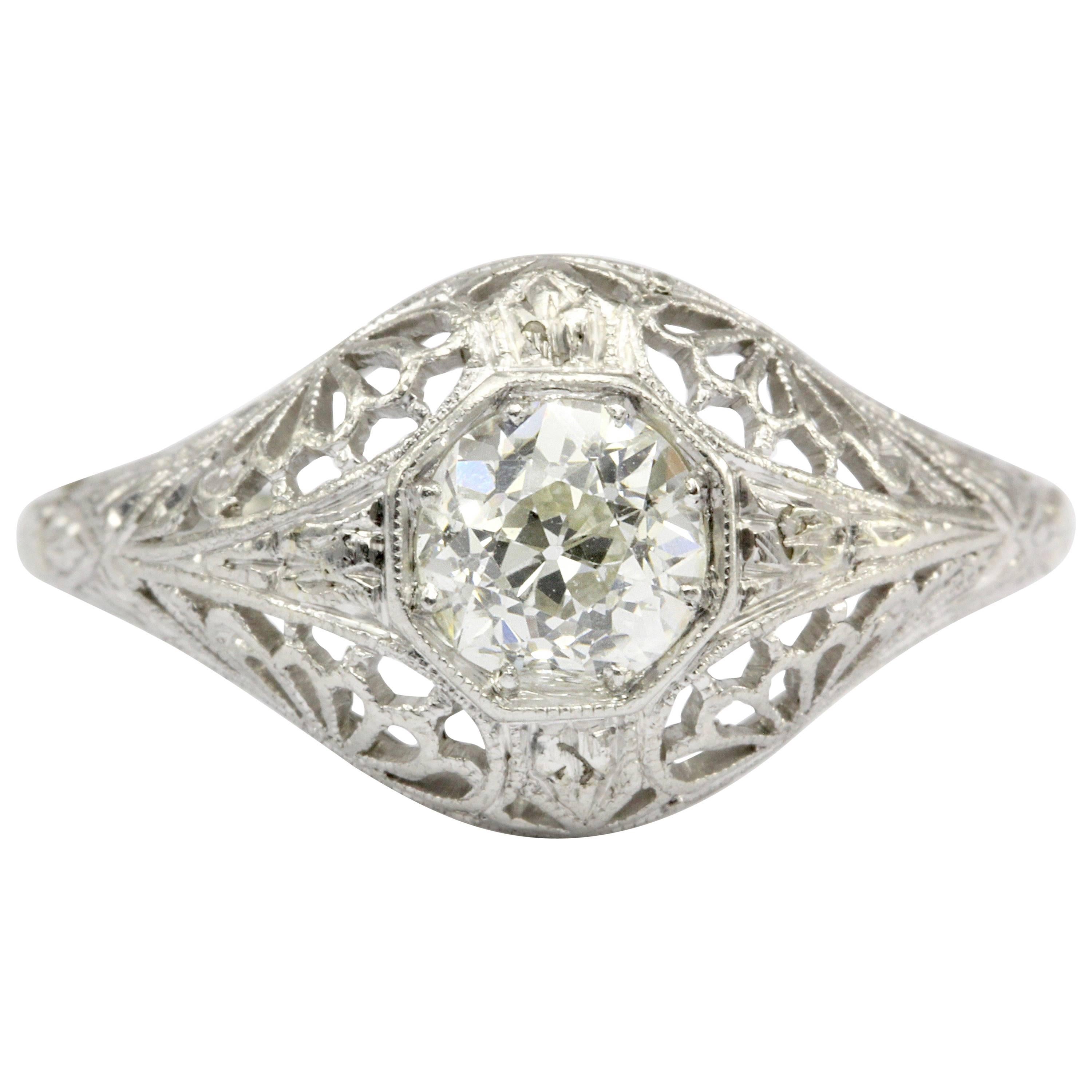 Art Deco 19 Karat White Gold Diamond Filigree Engagement Ring