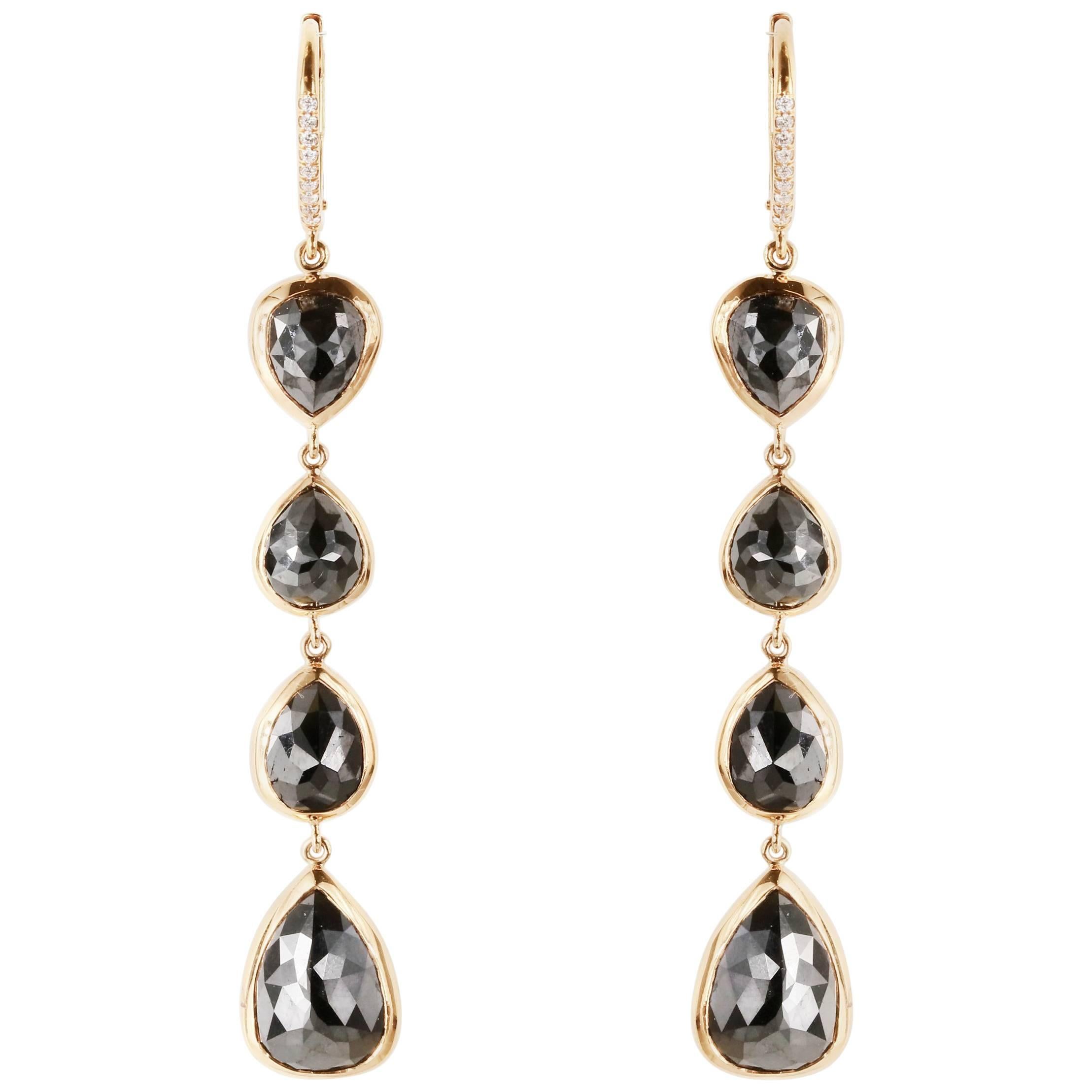 13.04 Carat TW Black Diamond Pearshape Dangle Drop Earrings in 18K Rose Gold For Sale
