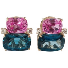 Double Cushion Rosa und Blau Topas Stein Diamant Gelbgold Ohrringe