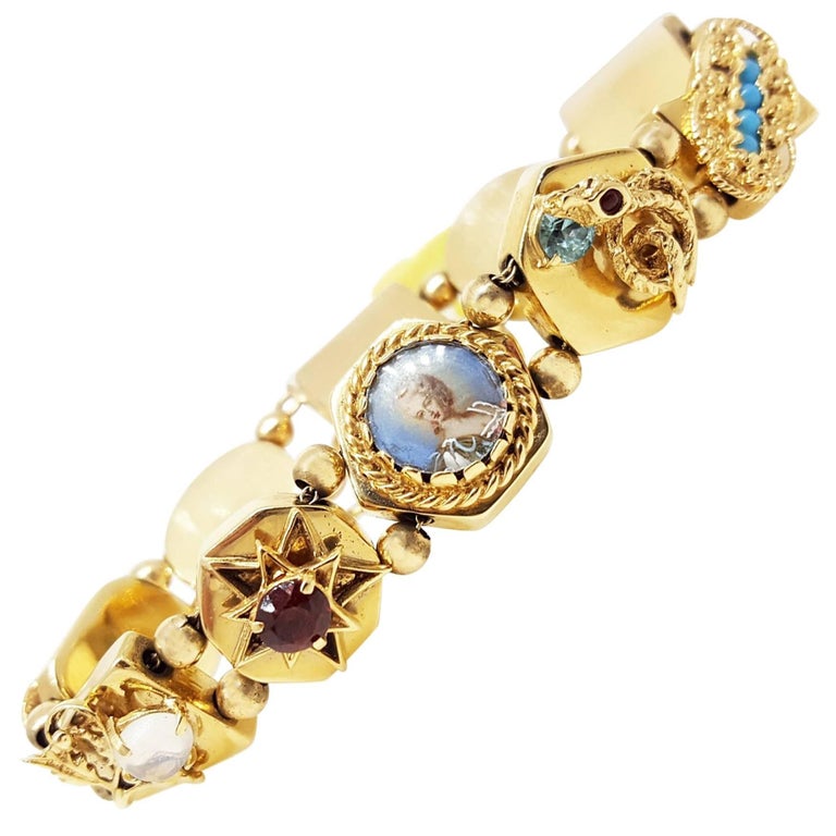Cameo Multicolor Bead Gold Slide Bracelet For Sale at 1stdibs