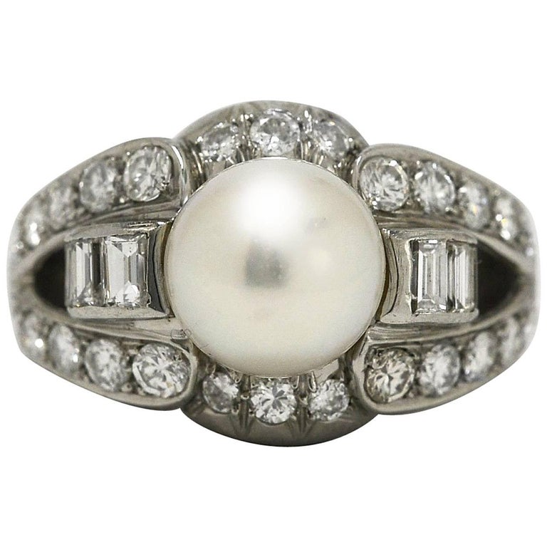 Art Deco White Pearl Diamond Chunky Cocktail Ring Statement Jewelry