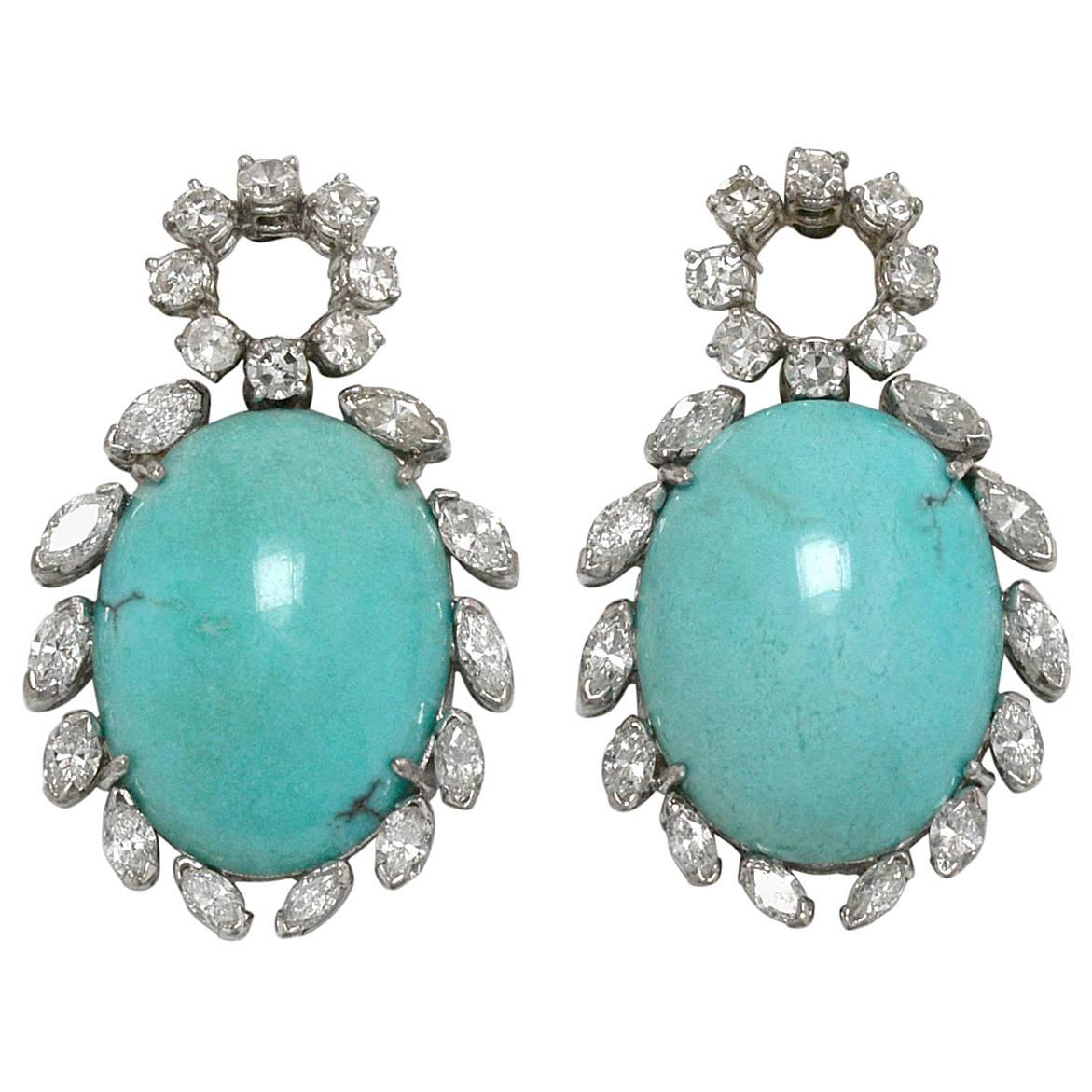 Persian Turquoise Diamond Halo 1970s 18K White Gold Dangle Earrings Vintage 1970