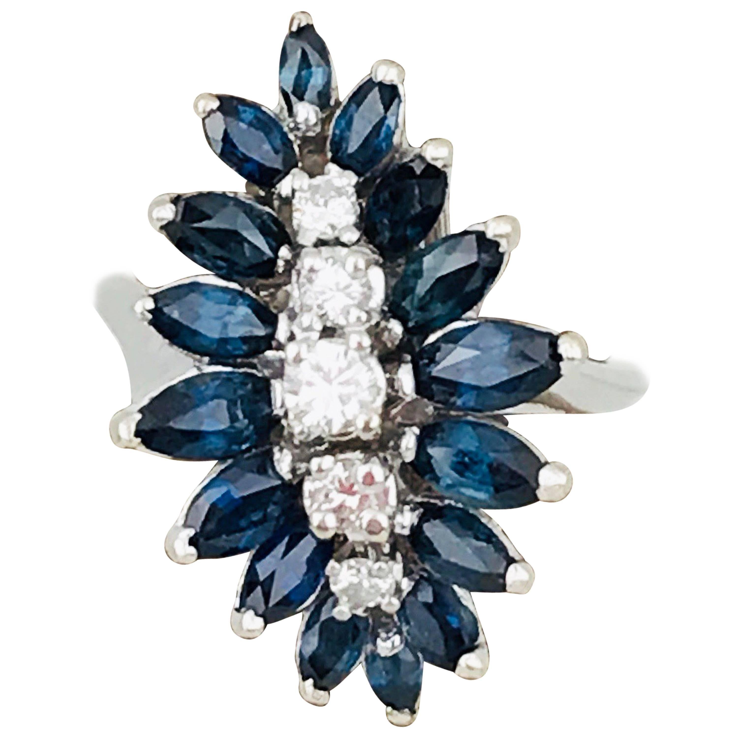 Contemporary, Marquise Blue Sapphires and Diamonds, 14 Karat White Gold Ring For Sale