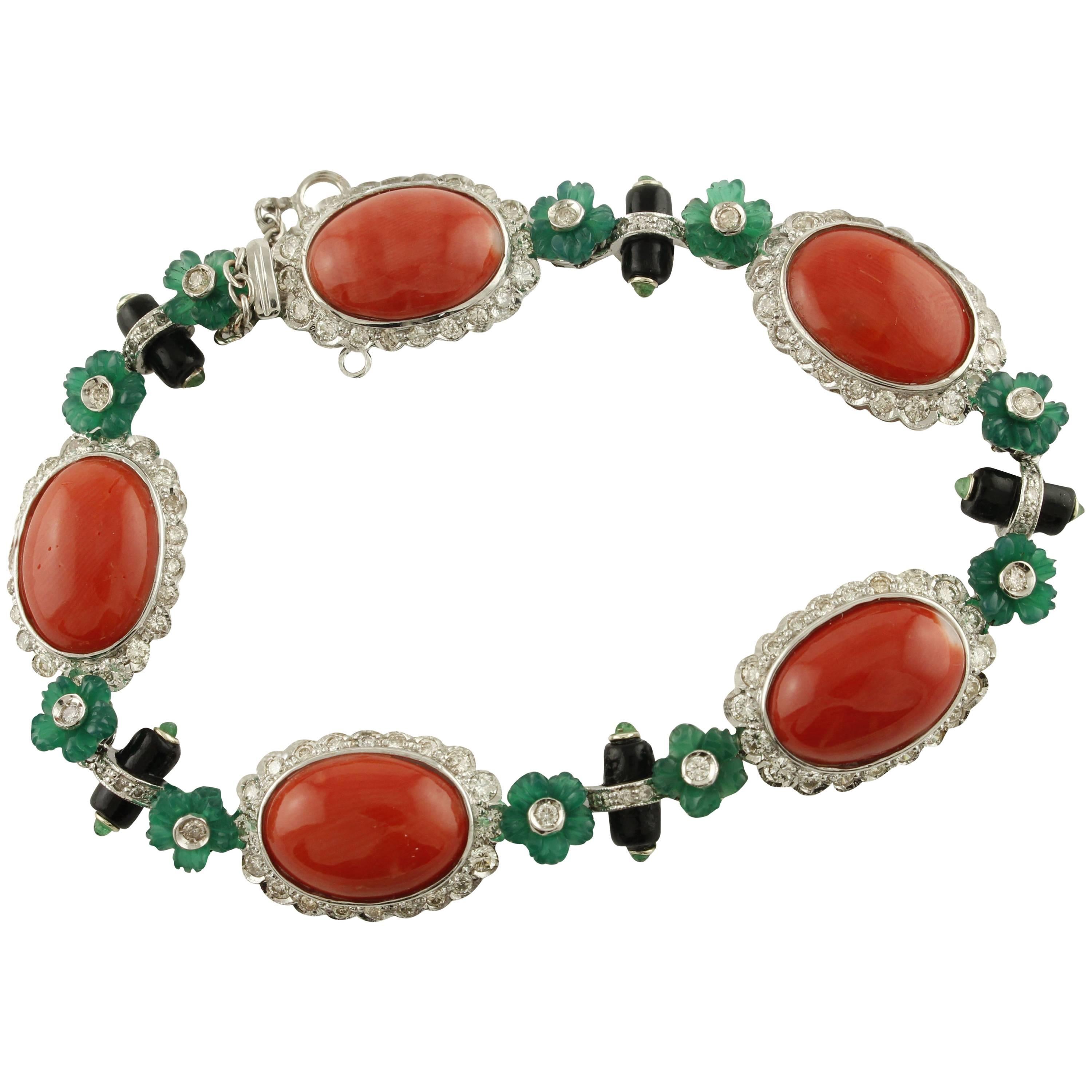 Diamonds, Emeralds, Oval Shape Red Corals, Onyx, White Gold Link Retrò Bracelet