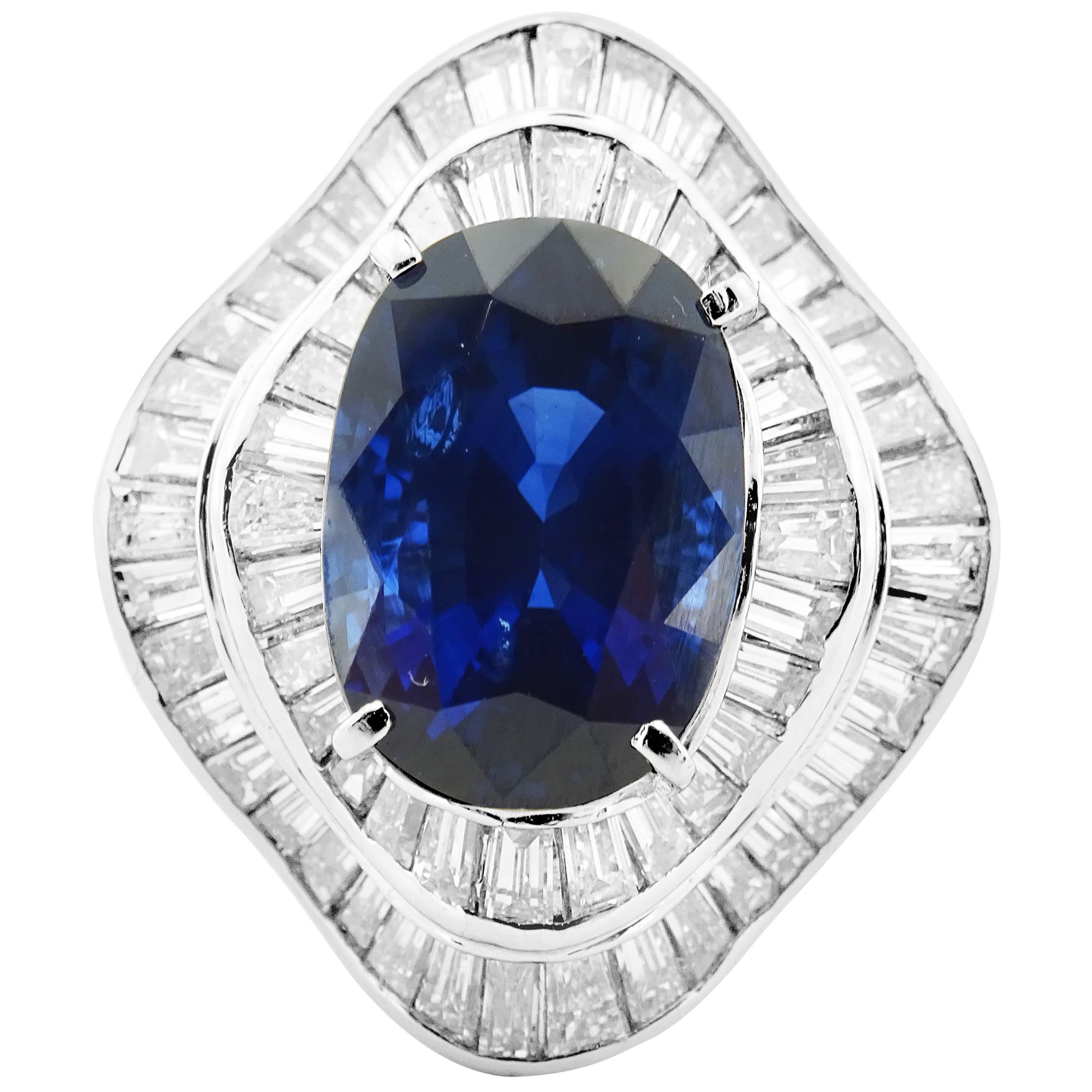 GRS Certified Vivid Blue Royal Sapphire 7.21 ct and 3.20 ct diamond Ring For Sale