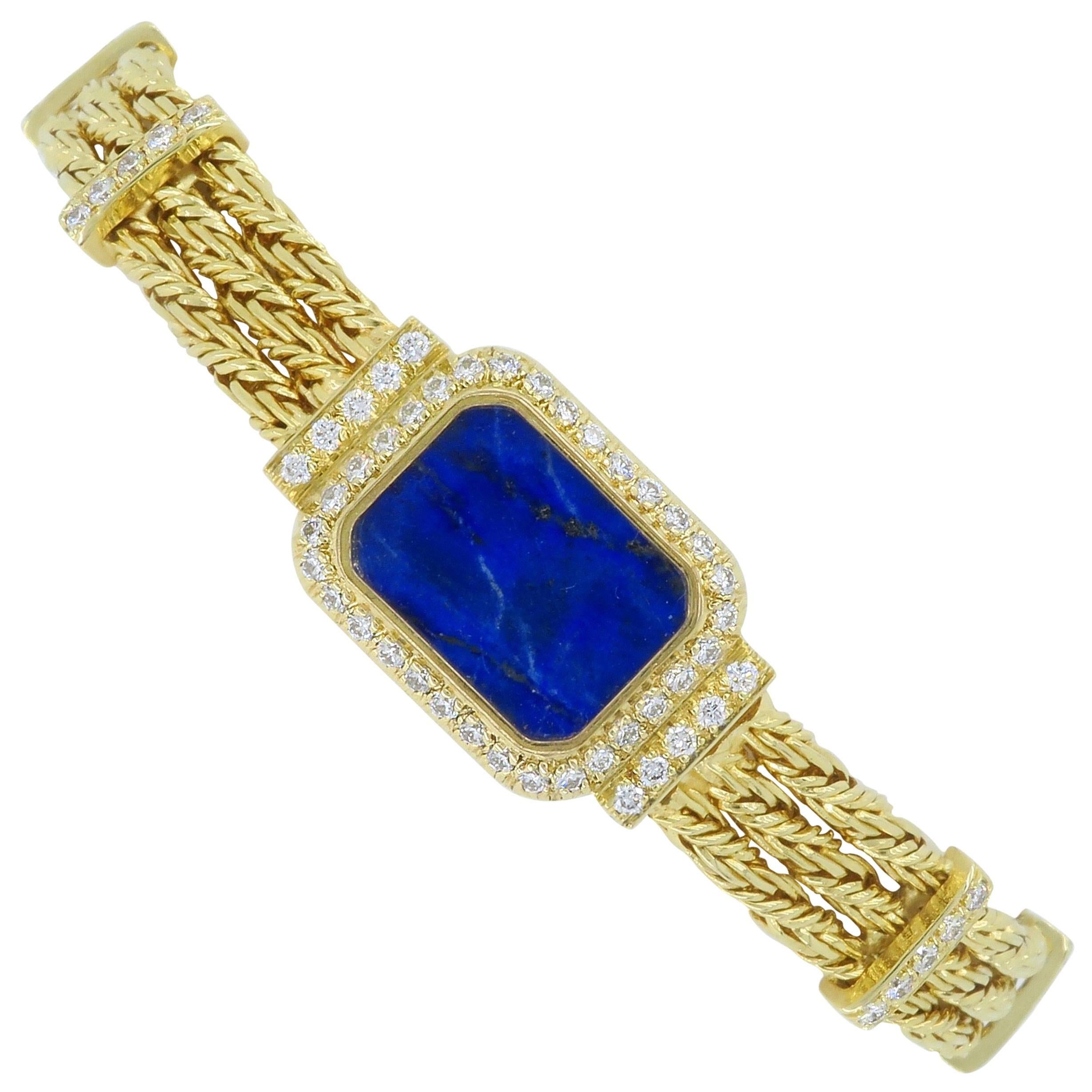 18 Karat Yellow Gold Diamond and Lapis Lazuli Bracelet